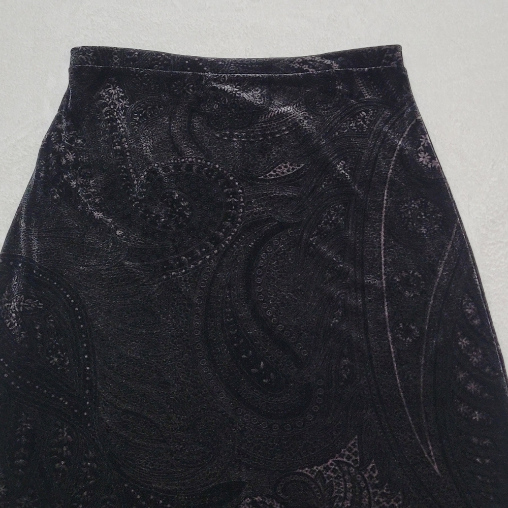 Kathie Lee Whimsigoth Vintage 90s Black Gray Paisley Velvet A-line Maxi Skirt M - Picture 3 of 9